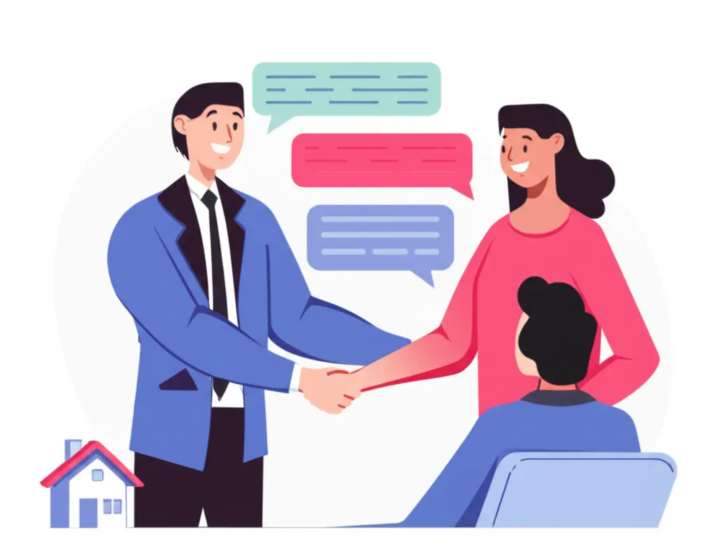 Real estate agent chatting with happy client in an office setting