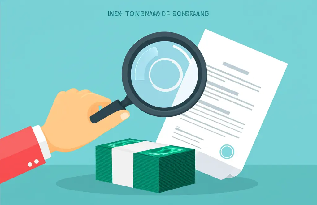 A hand holding a magnifying glass over a pile of money and a contract, cartoon-style.