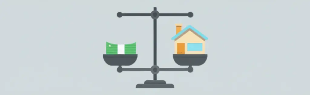 A balance scale with money and a house