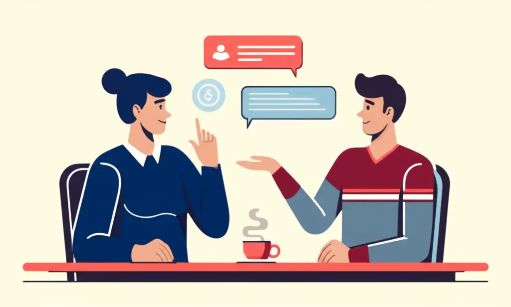 Two people discussing financial options over coffee