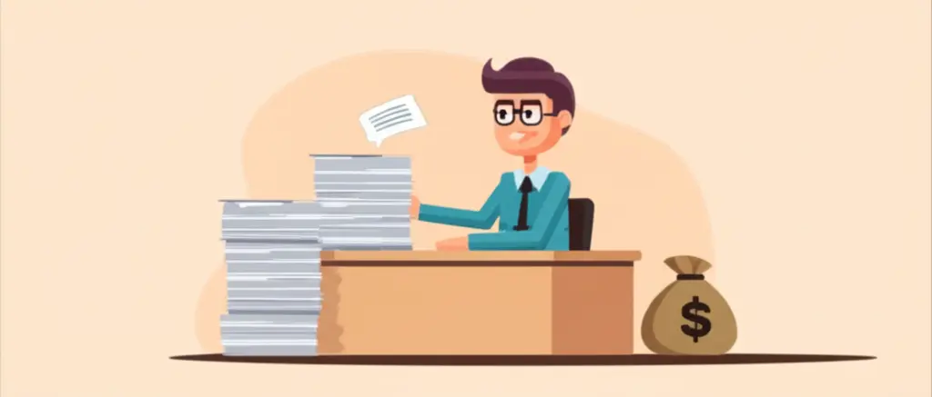 Person at desk with papers and money bag, symbolizing work and financial gain.