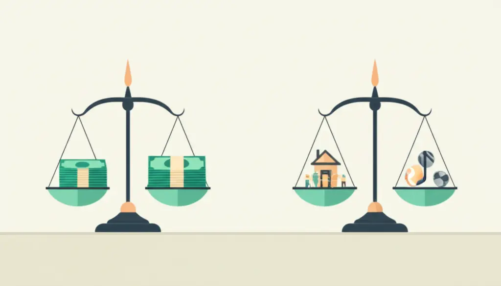 Scales showing money on one side and family/hobbies on the other.