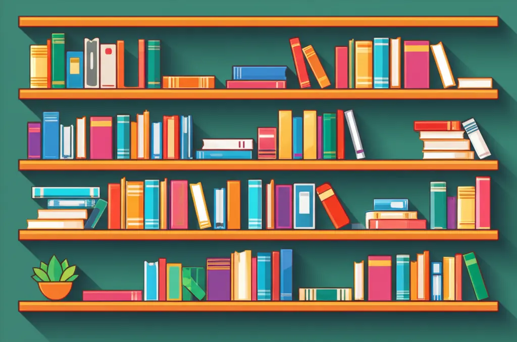 Well-organized bookshelf filled with colorful books and a small potted plant