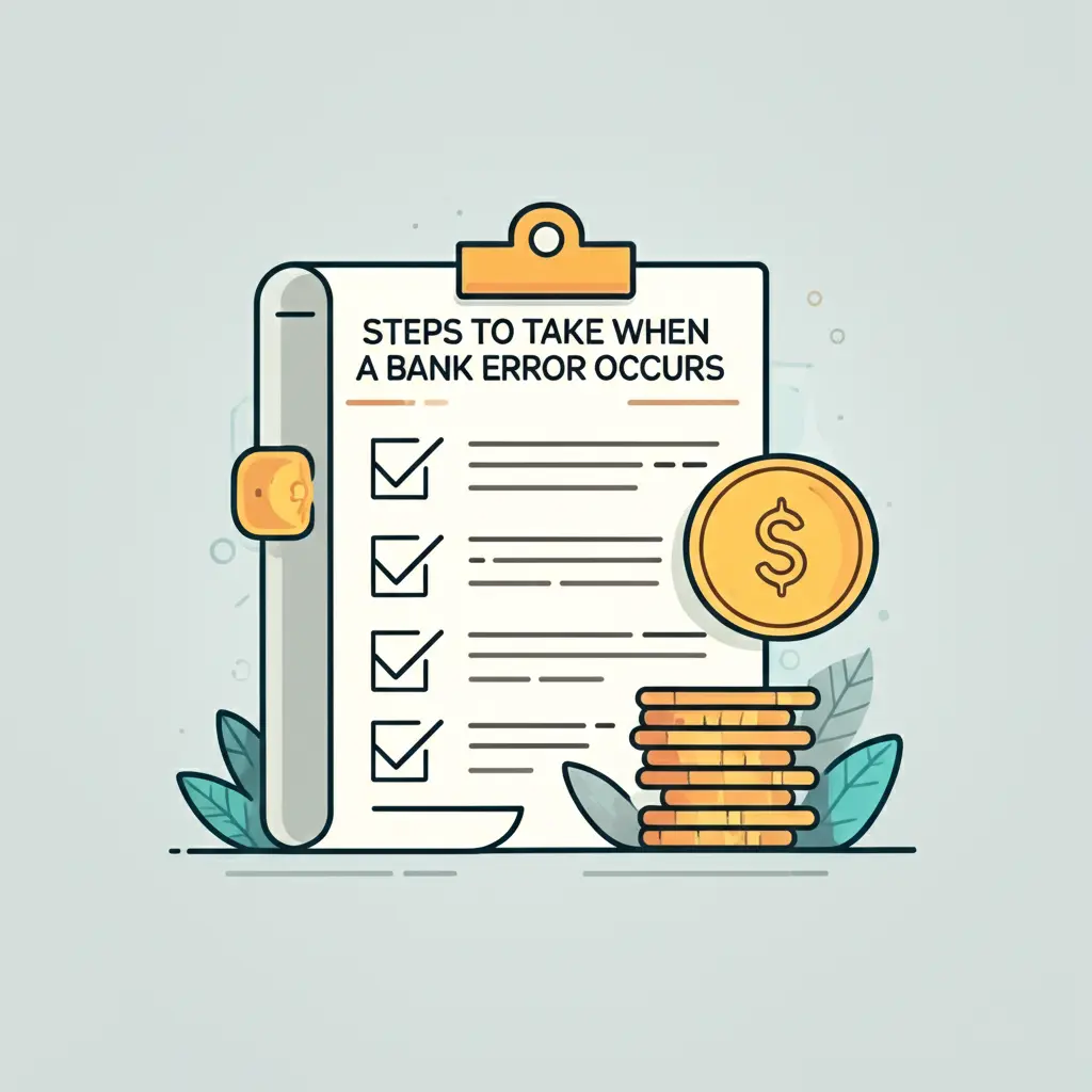 Illustration of a checklist titled 'Steps to Take When a Bank Error Occurs'