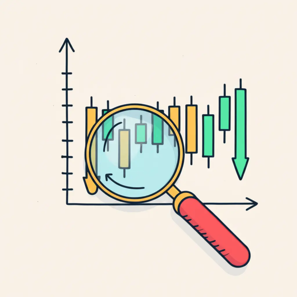 A magnifying glass analyzing stock trends