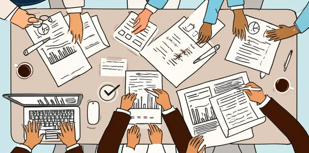 A business team strategizing at a table