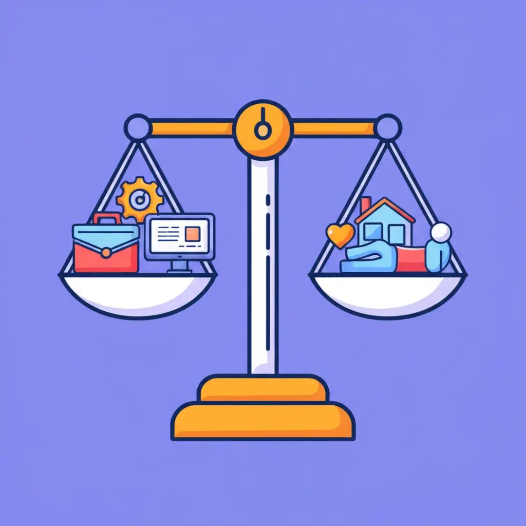 A cartoon-style image of a balanced scale with work and personal life icons