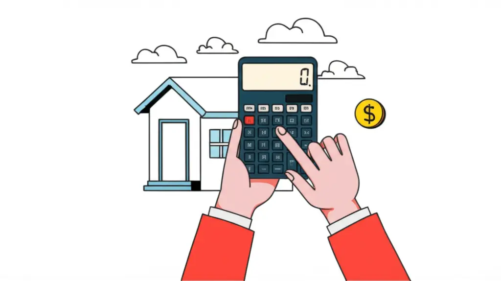 A hand-drawn depiction of a person calculating savings with a calculator and a house in the background.
