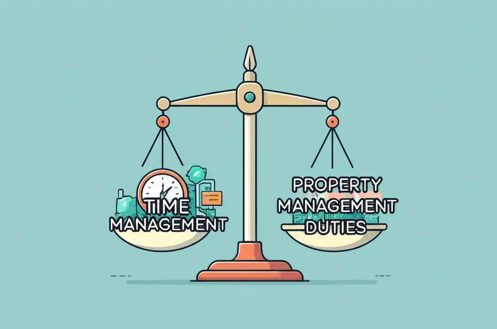 A cartoon-style balance scale with time management on one side and property management duties on the other