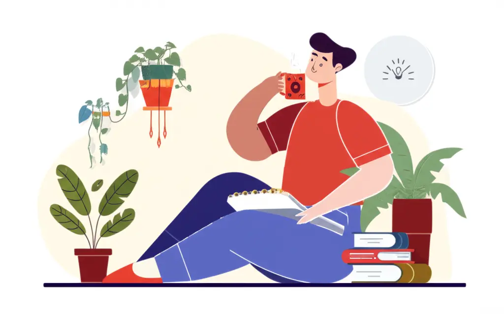A cartoon person sitting in a cozy room with a notebook, sipping coffee, getting ideas from the surrounding plants and books.