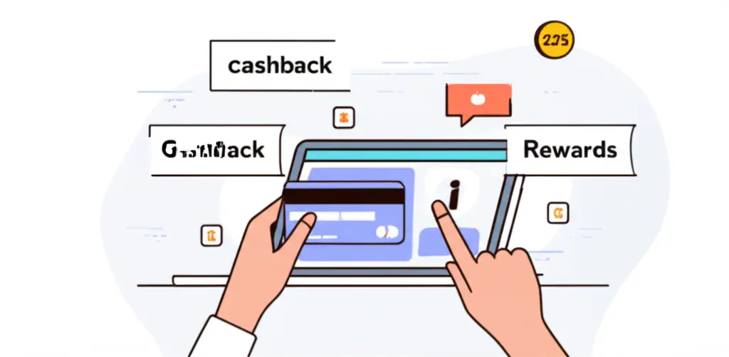 Hand-drawn aesthetic of a person shopping online using a credit card, with icons of cashback and rewards around the screen.