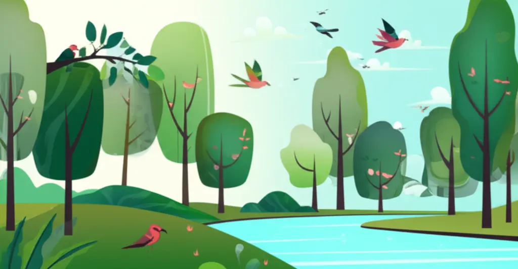 Peaceful nature scene with birds, trees, and river