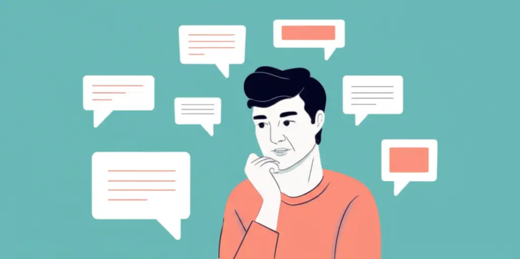 A person deep in thought with surrounding text bubbles