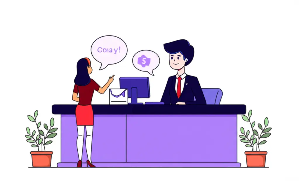 Person consulting a bank teller about money transfer