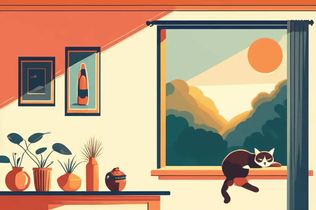 Cozy room with a cat on a sunny windowsill.