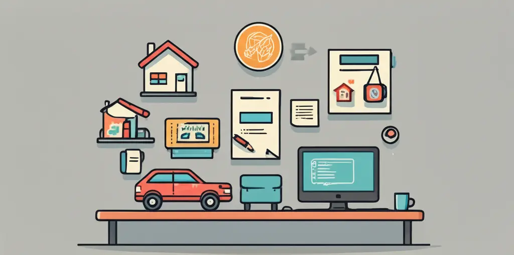Hand-drawn illustration of different insurance policy types like home, auto, and life laid out on a table