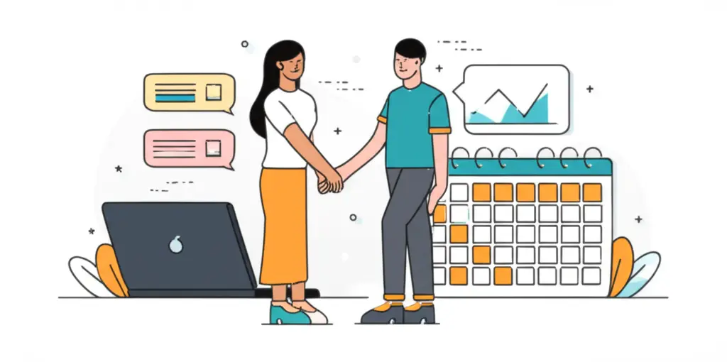 Holding hands with a laptop and calendar nearby
