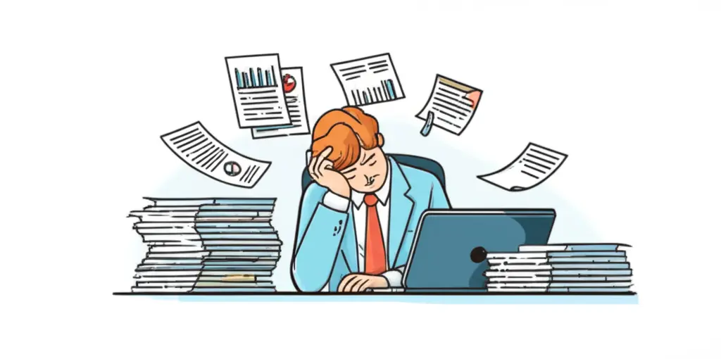 A hand-drawn illustration of a stressed individual at a desk filled with papers and a laptop