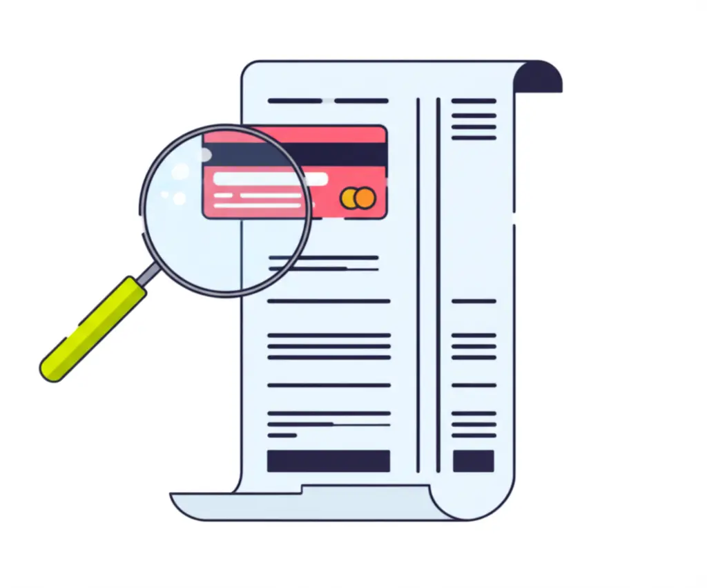 A magnifying glass hovering over a credit card bill