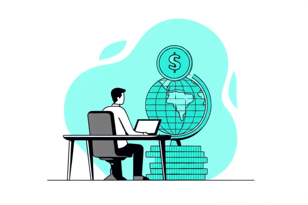 Person balancing coins and a globe, symbolizing financial independence