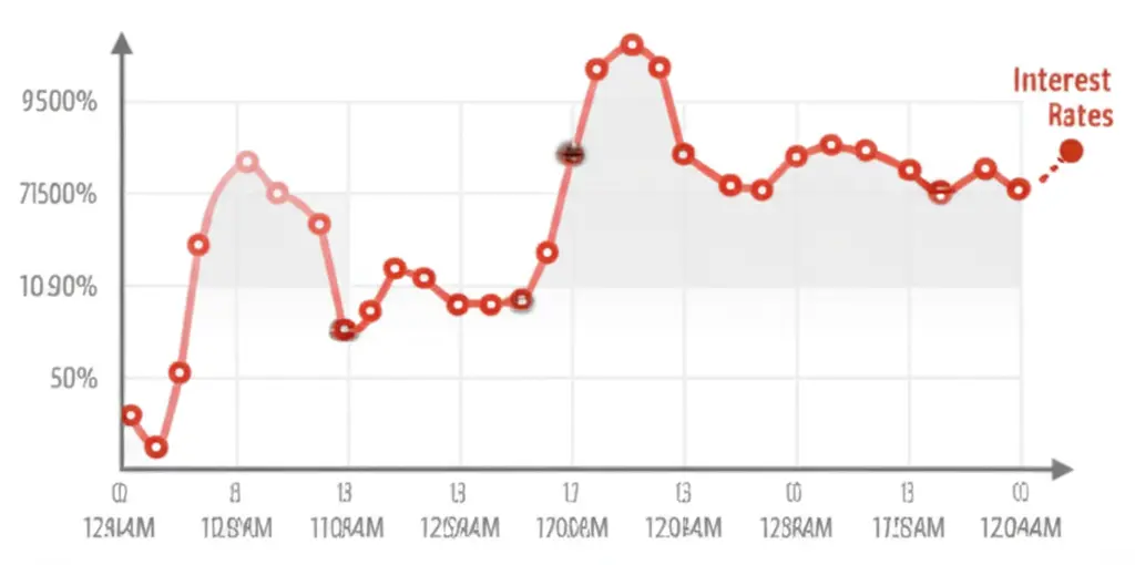 A cartoon-style graph showing fluctuating interest rates over time.