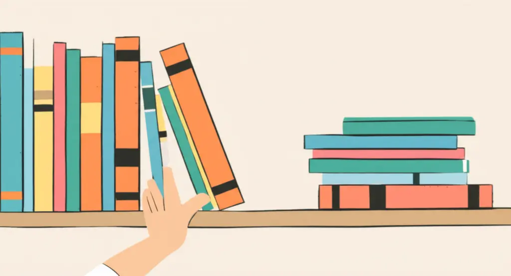 A step-by-step process of organizing books on a shelf illustrated in a clear and simple cartoon style.