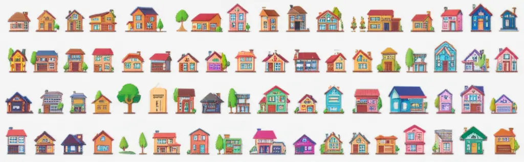Various cartoon-style real estate properties