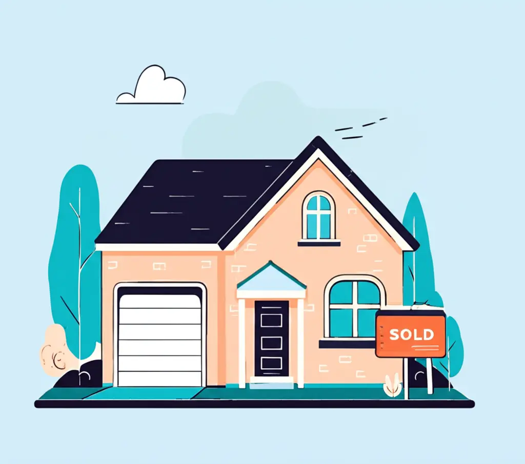 Cartoon illustration of a house with a 'Sold' sign