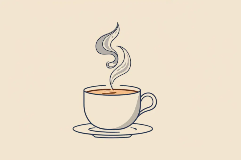 A minimalist illustration of a coffee cup with imaginative designs steaming from the top.