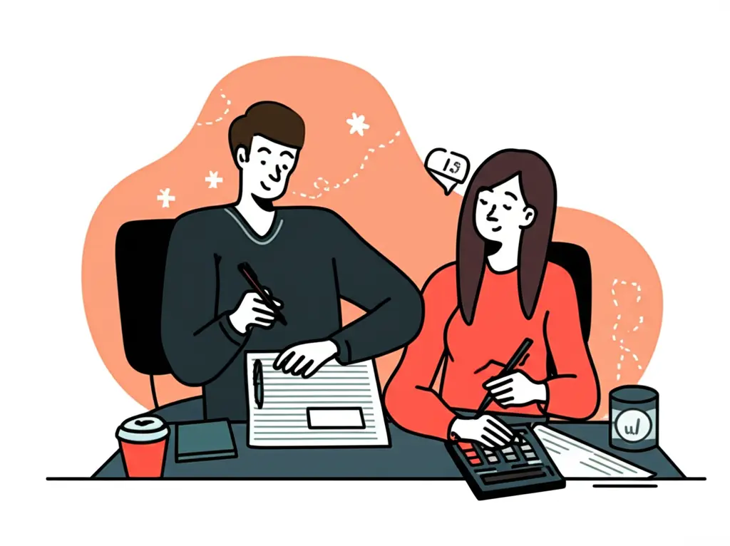 Cartoon-style image of a couple calculating their budget with a calculator and notepad.