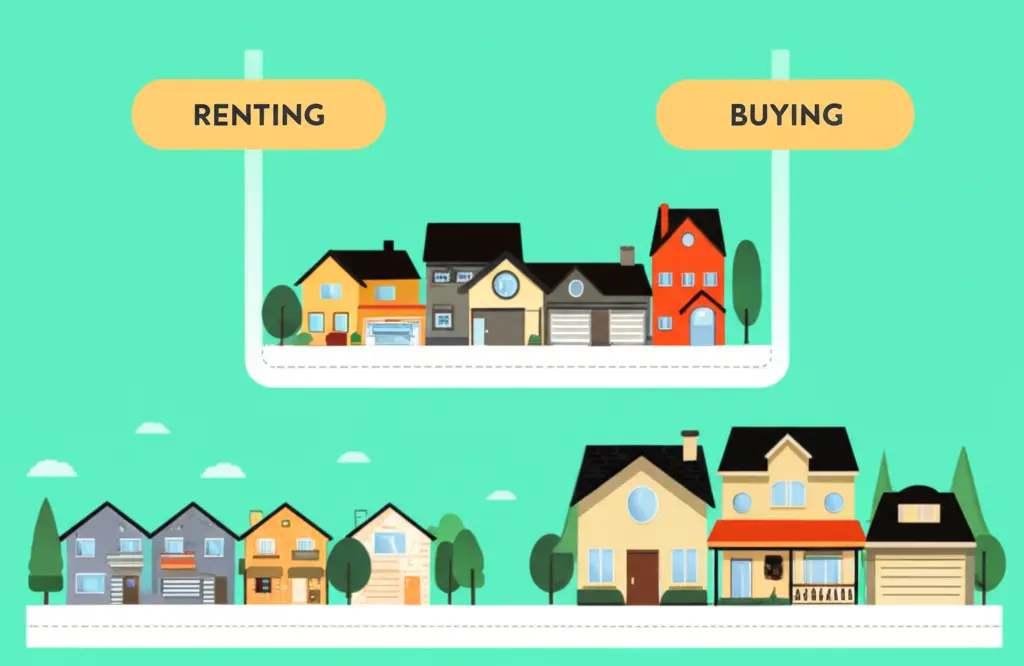 A cartoon graphic showing two paths: renting and buying, with little homes and apartments on each path.
