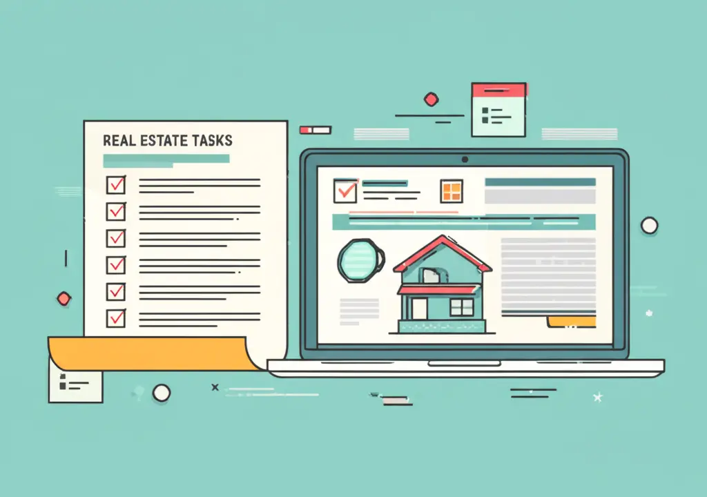 Checklist with real estate tasks, a laptop, and notes