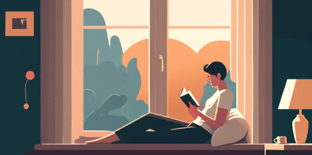 A relaxing evening with someone reading a book by the window.