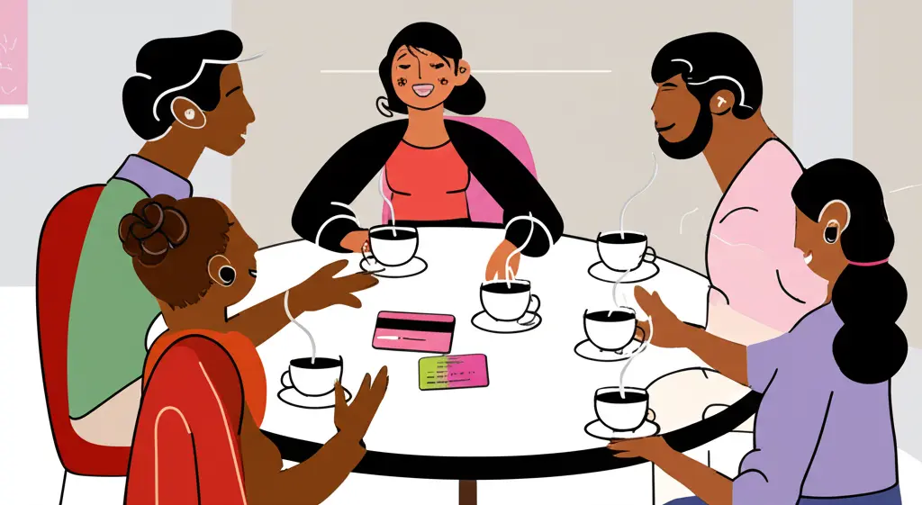 People discussing credit card options over coffee