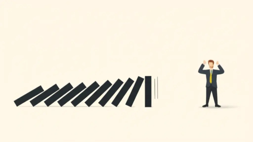 Series of small dominoes knocking down a larger one