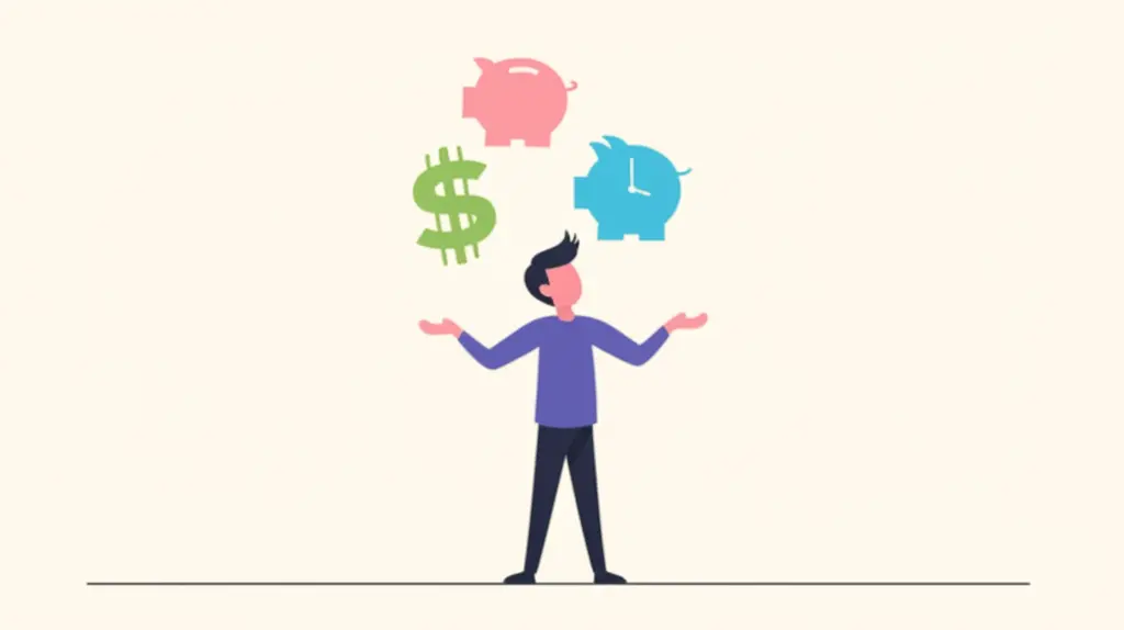 Person juggling dollar sign, piggy bank, and clock
