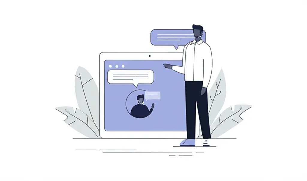Animated scene of a person on a laptop, chatting with a bank customer service representative