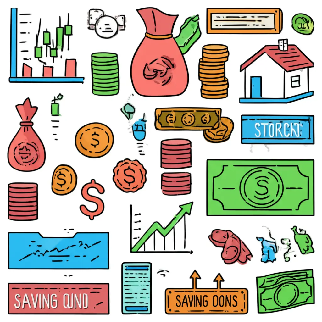 A cartoon-style depiction of diverse investments, like stocks, real estate, and bonds.
