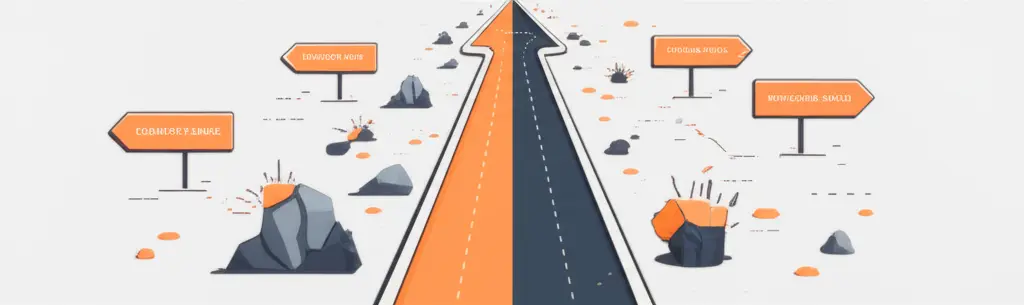 Illustration of a path splitting, one chaotic with obstacles and the other smooth with motivational signs.