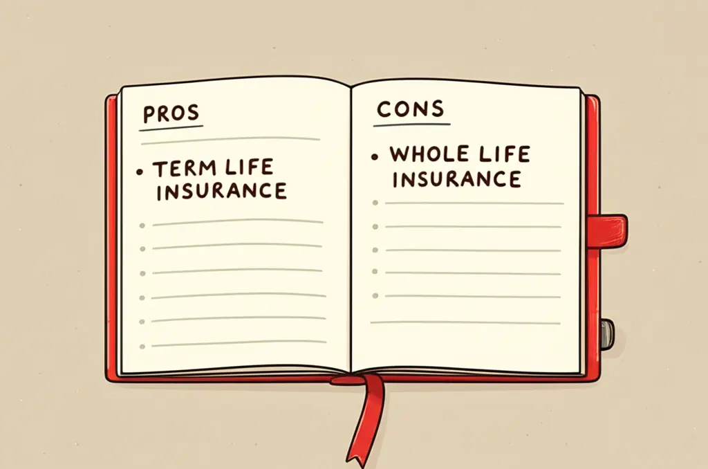 A hand-drawn notepad listing pros and cons of term vs whole life insurance.