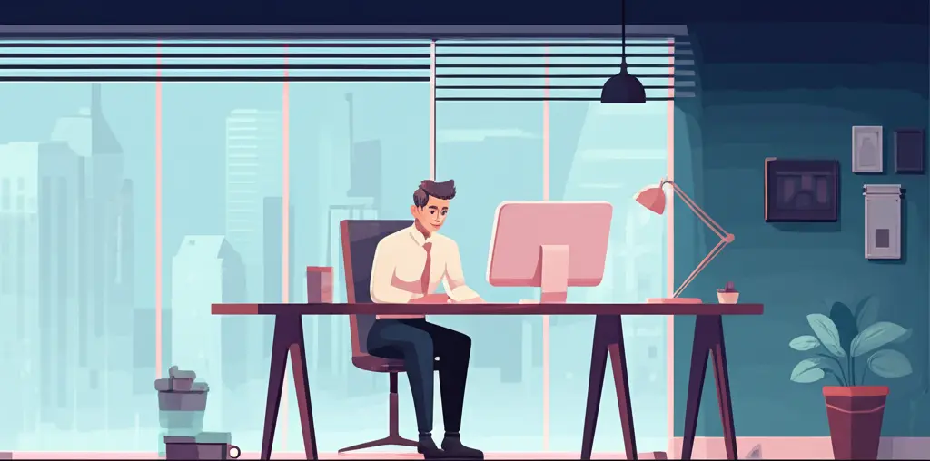 Cartoon-style image of a young professional working late at a city office with skyscrapers outside