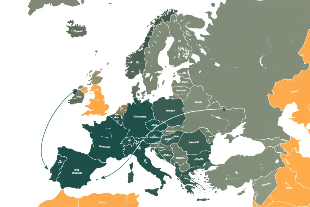 A minimalist map of Europe with arrows showing potential destinations for moving abroad