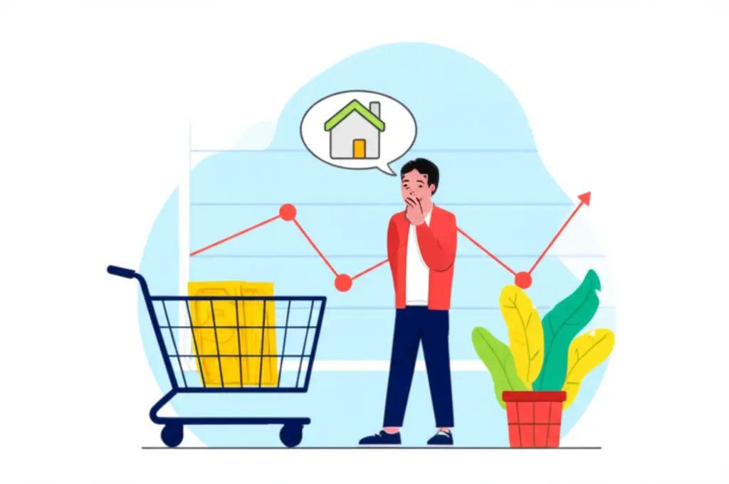 Cartoon character debating whether to buy a house with a fluctuating chart in the background