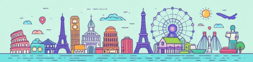 Illustration of a travel scene with landmarks around the world.