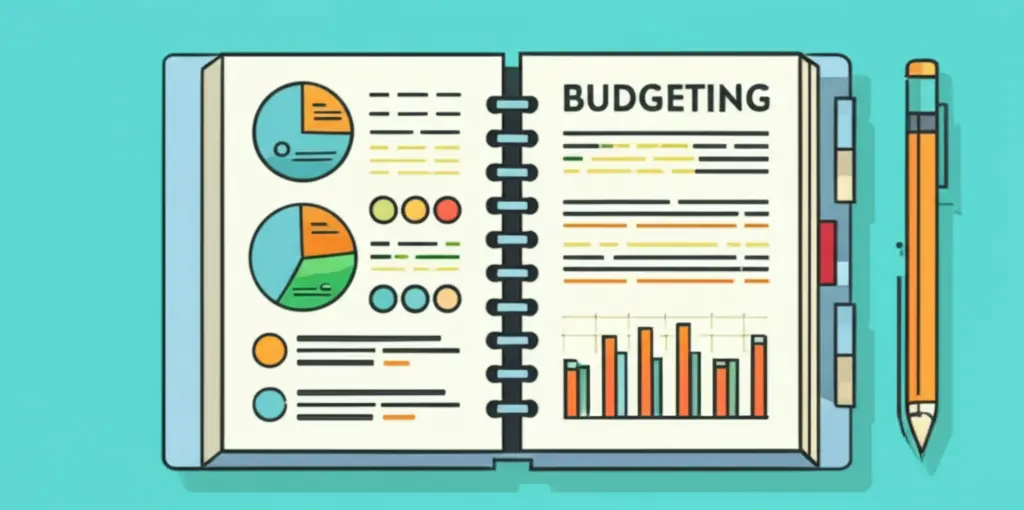 Budgeting notebook with charts and graphs
