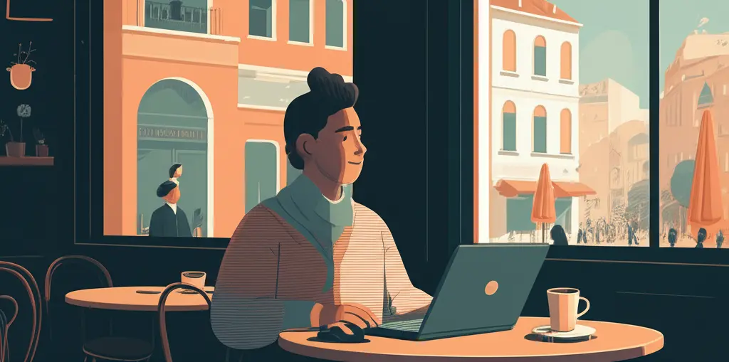 Cartoon of a traveler working at a cafe while on a solo trip.