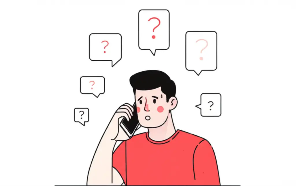 Person looking puzzled while on the phone with speech bubbles indicating multiple unanswered questions
