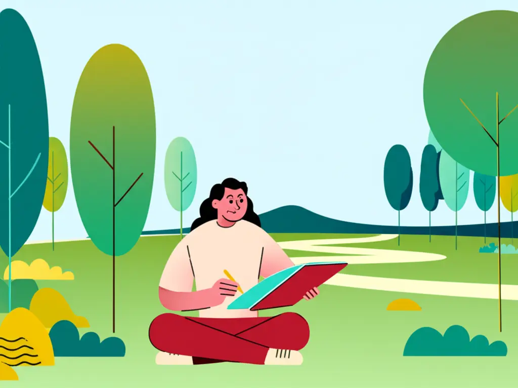 A person sitting in a park, drawing in a sketchbook, surrounded by nature.