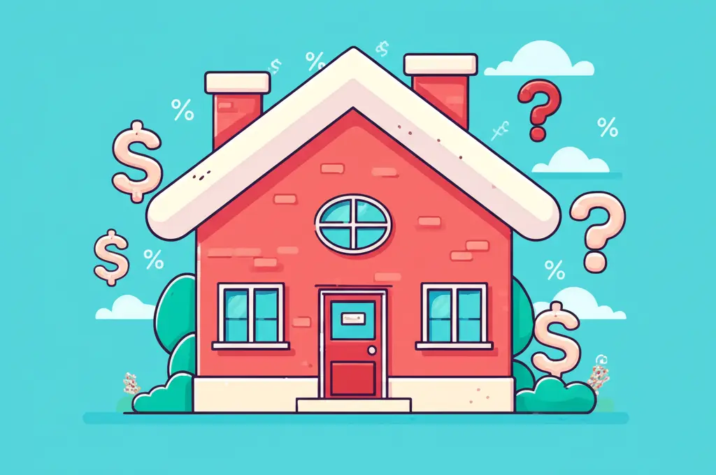 Illustration of a house with dollar signs and interest rate symbols around it.