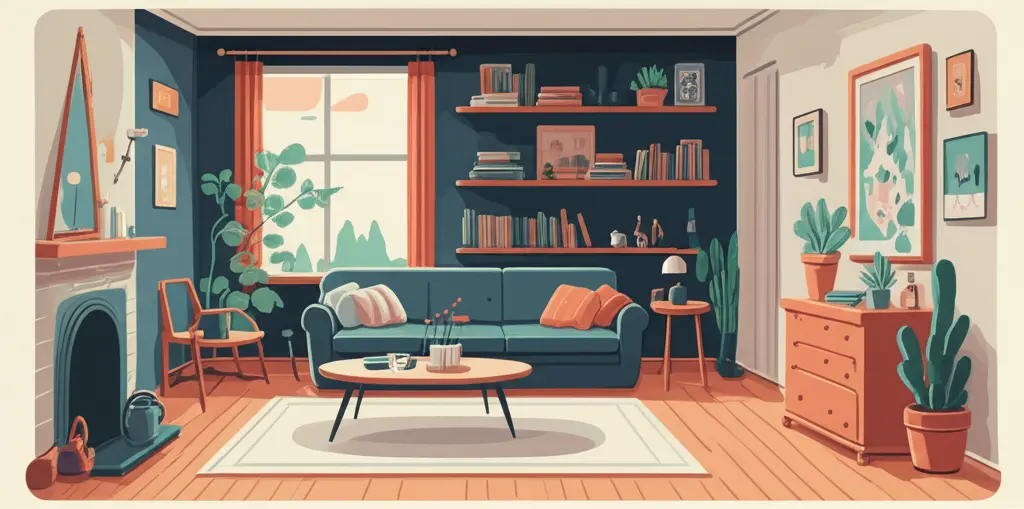 Hand-drawn illustration of a comfy living room representing a dream home